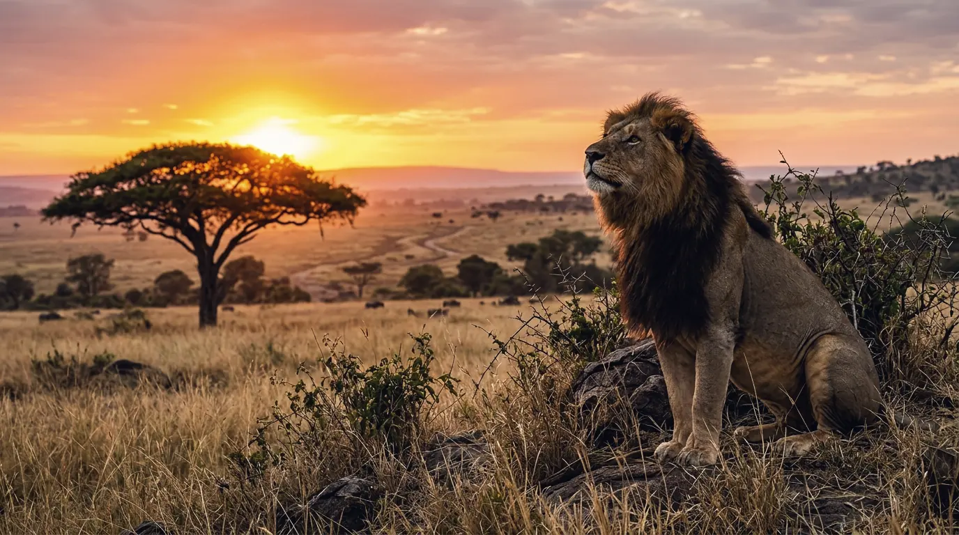 A lion rests on a rock above the savannah at sunset