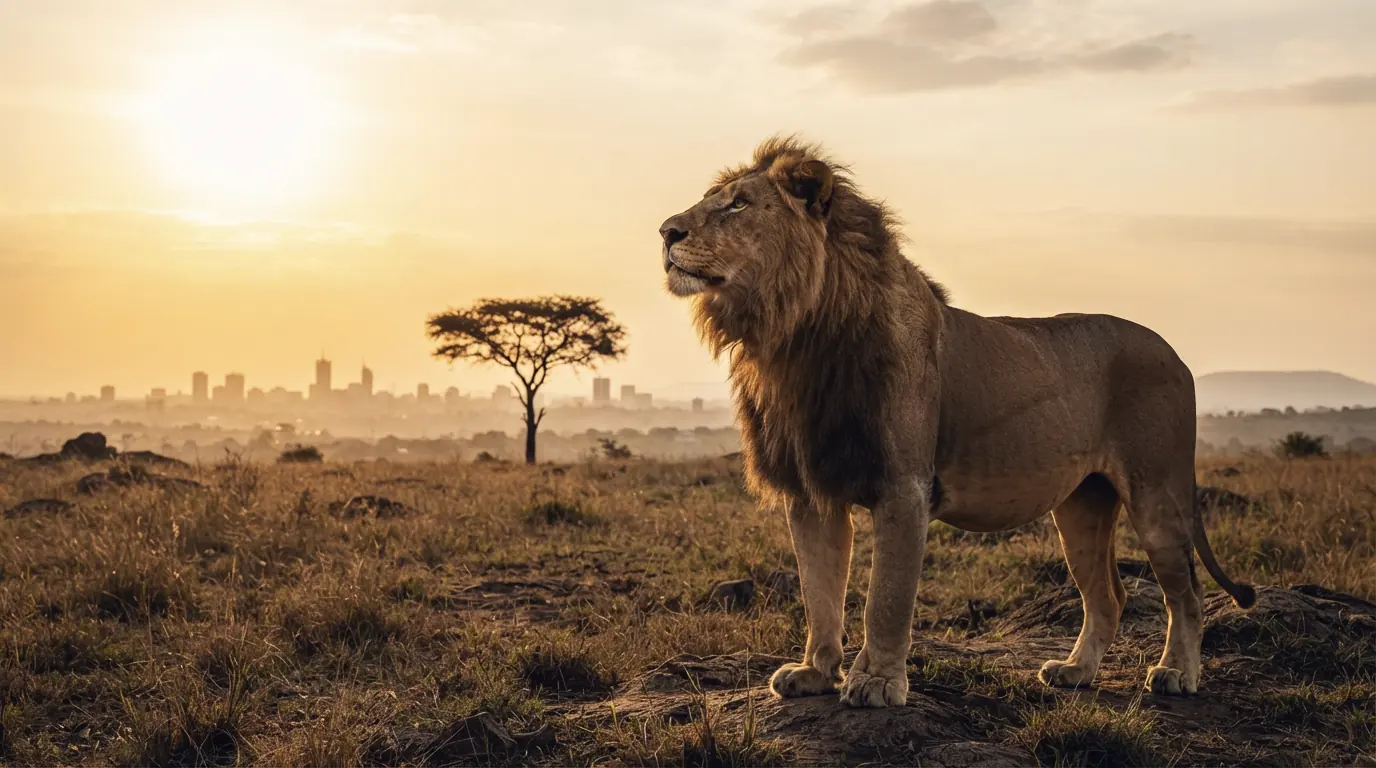 A lion stands on a rise with Nairobi's skyline behind it at sunset