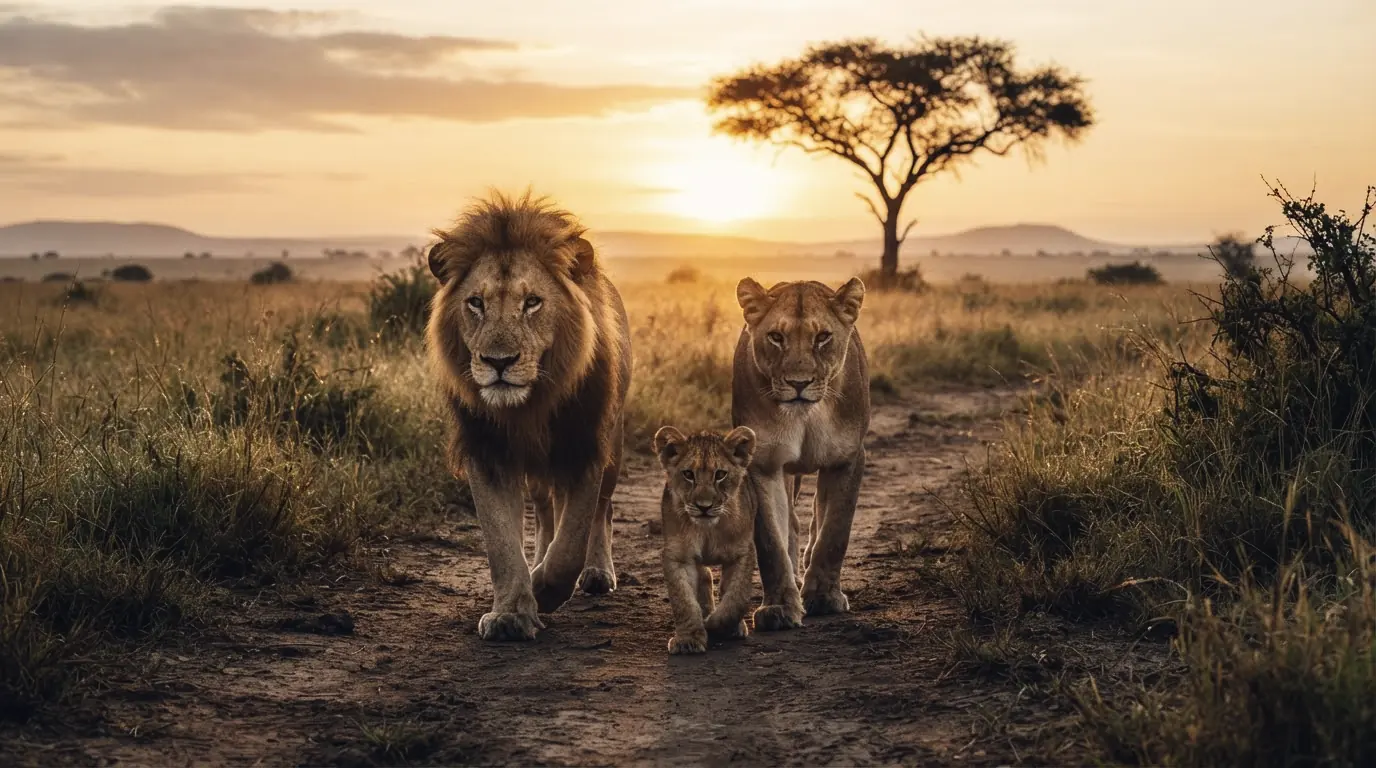 A lion, a lioness and their cub walk together along a savannah path at sunset